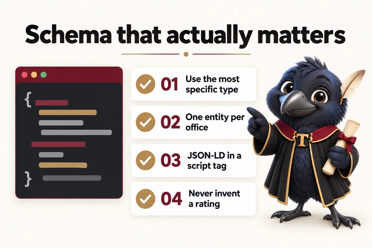 Infographic with Tavish the raven mascot: Schema that actually matters. Use the most specific type; One entity per office; JSON-LD in a script tag; Never invent a rating.