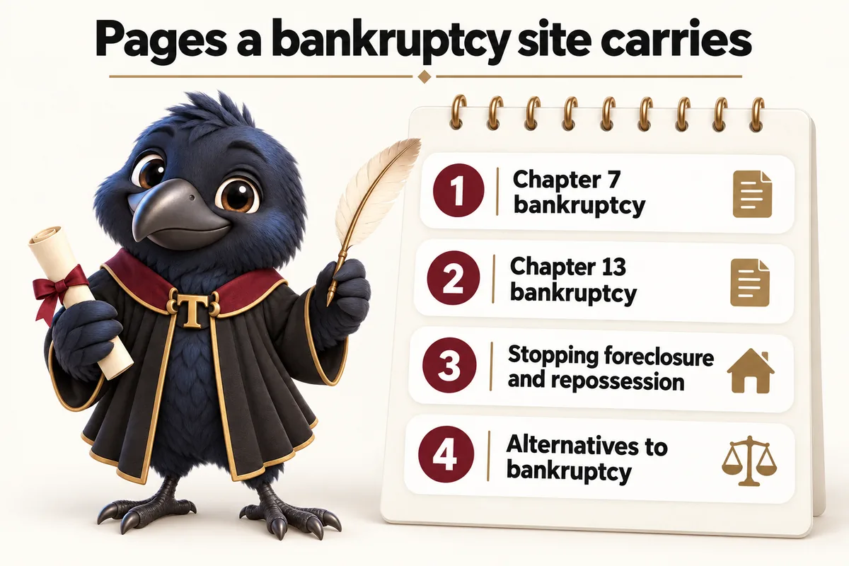 Infographic with Tavish the raven mascot: Pages a bankruptcy site carries. Chapter 7 bankruptcy; Chapter 13 bankruptcy; Stopping foreclosure and repossession; Alternatives to bankruptcy.