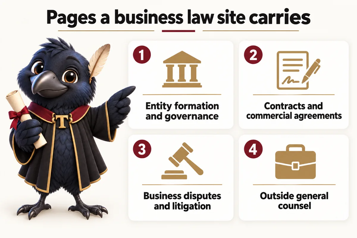 Infographic with Tavish the raven mascot: Pages a business law site carries. Entity formation and governance; Contracts and commercial agreements; Business disputes and litigation; Outside general counsel.
