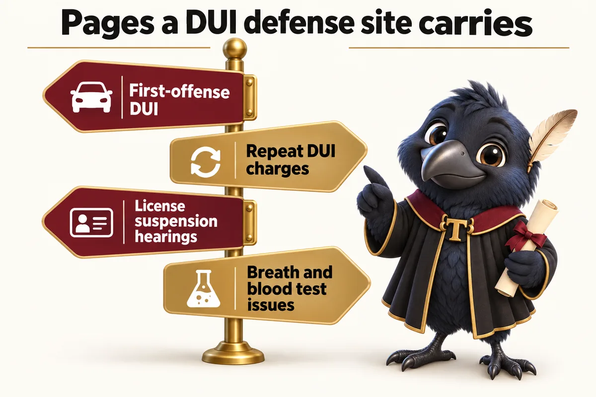 Infographic with Tavish the raven mascot: Pages a DUI defense site carries. First-offense DUI; Repeat DUI charges; License suspension hearings; Breath and blood test issues.