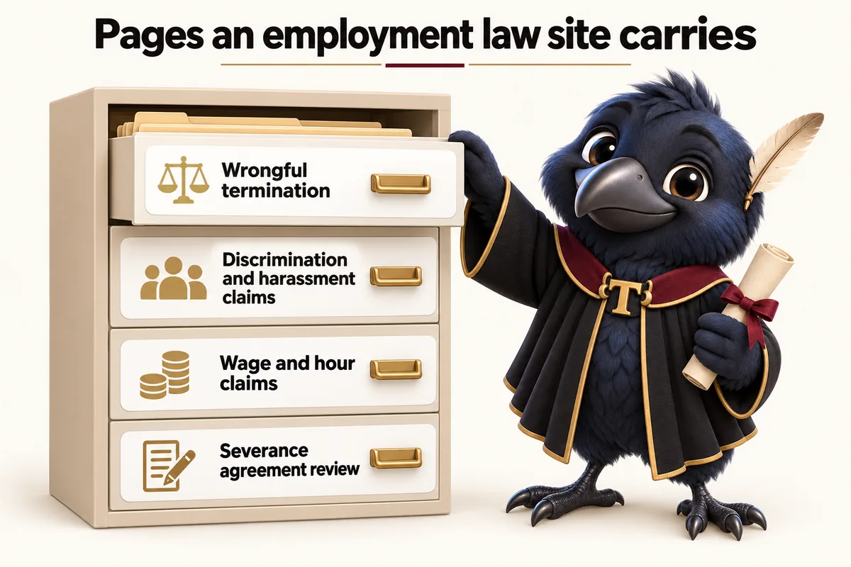 Infographic with Tavish the raven mascot: Pages an employment law site carries. Wrongful termination; Discrimination and harassment claims; Wage and hour claims; Severance agreement review.