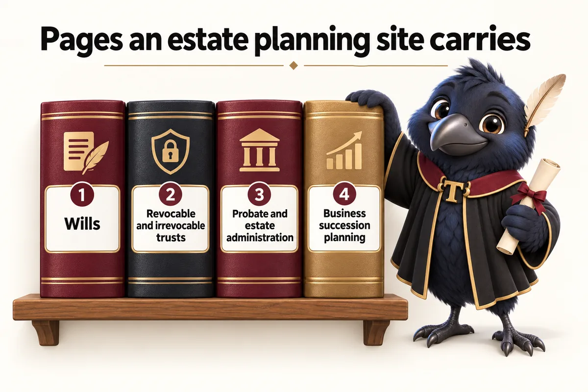 Infographic with Tavish the raven mascot: Pages an estate planning site carries. Wills; Revocable and irrevocable trusts; Probate and estate administration; Business succession planning.