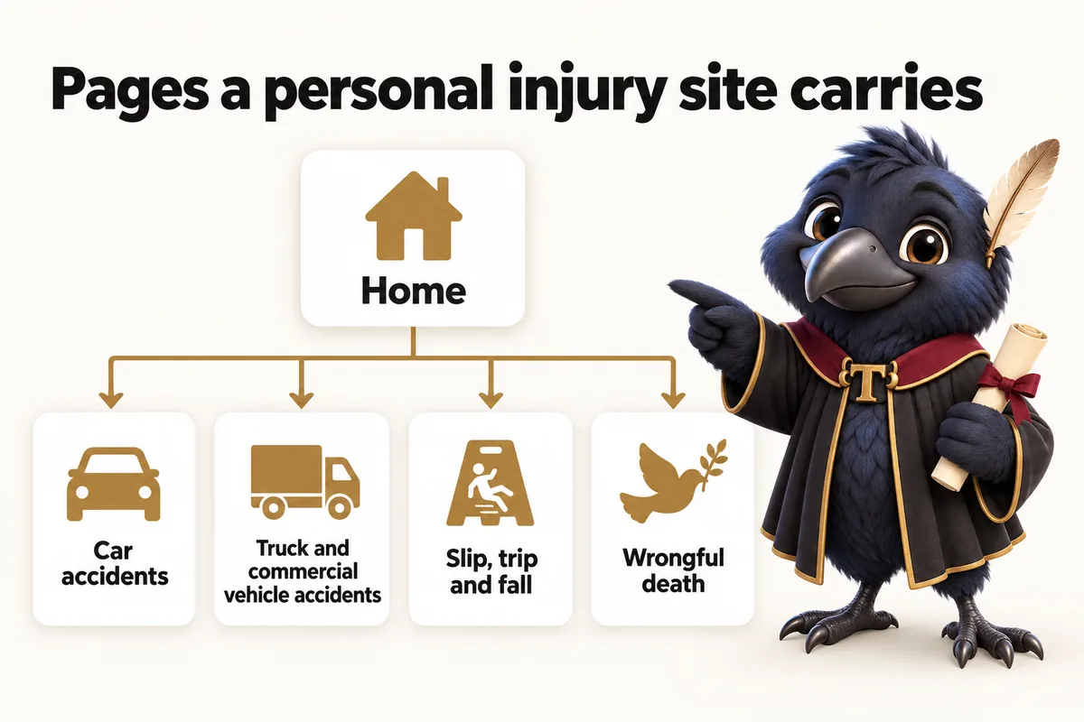 Infographic with Tavish the raven mascot: Pages a personal injury site carries. Car accidents; Truck and commercial vehicle accidents; Slip, trip and fall; Wrongful death.
