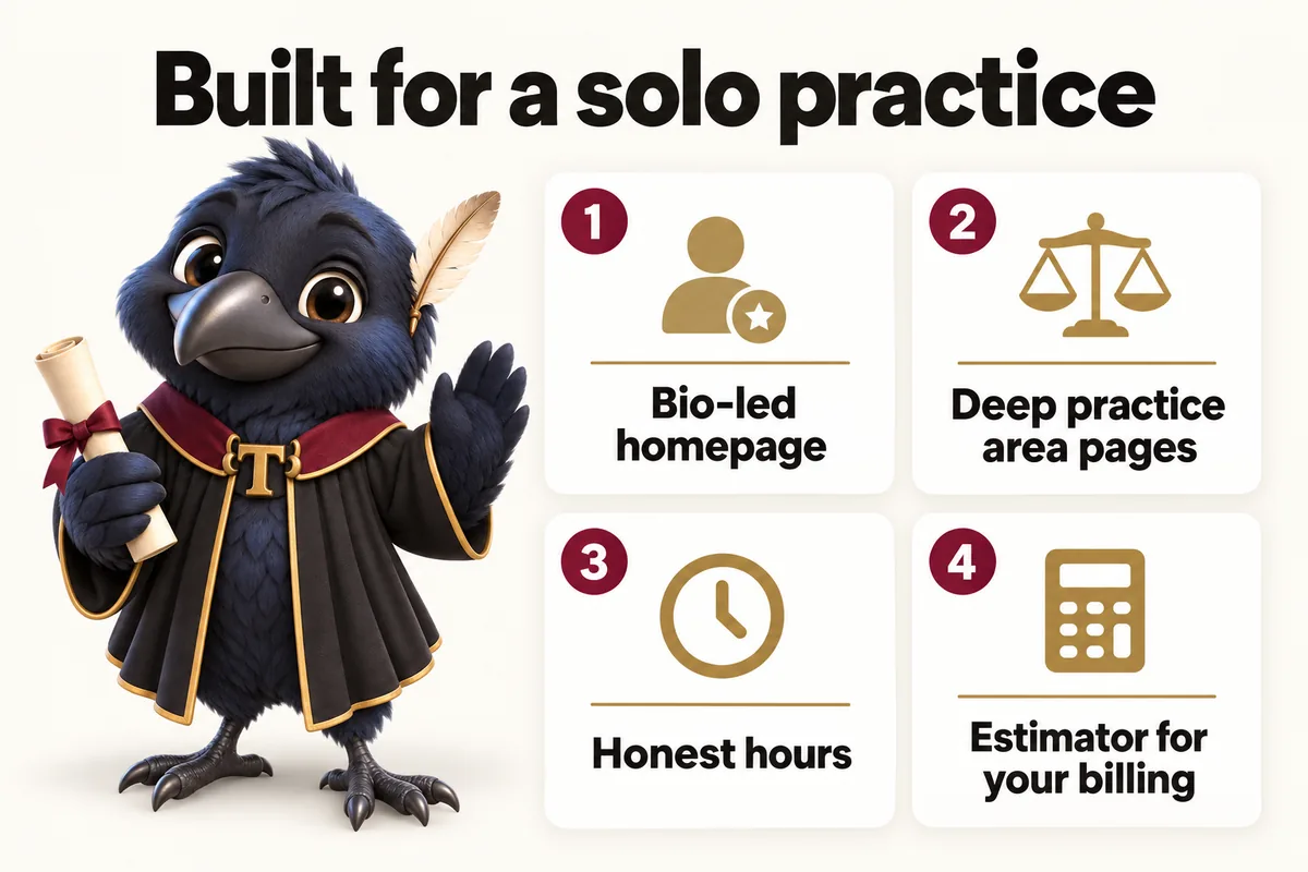Infographic with Tavish the raven mascot: Built for a solo practice. Bio-led homepage; Deep practice area pages; Honest hours; Estimator for your billing.
