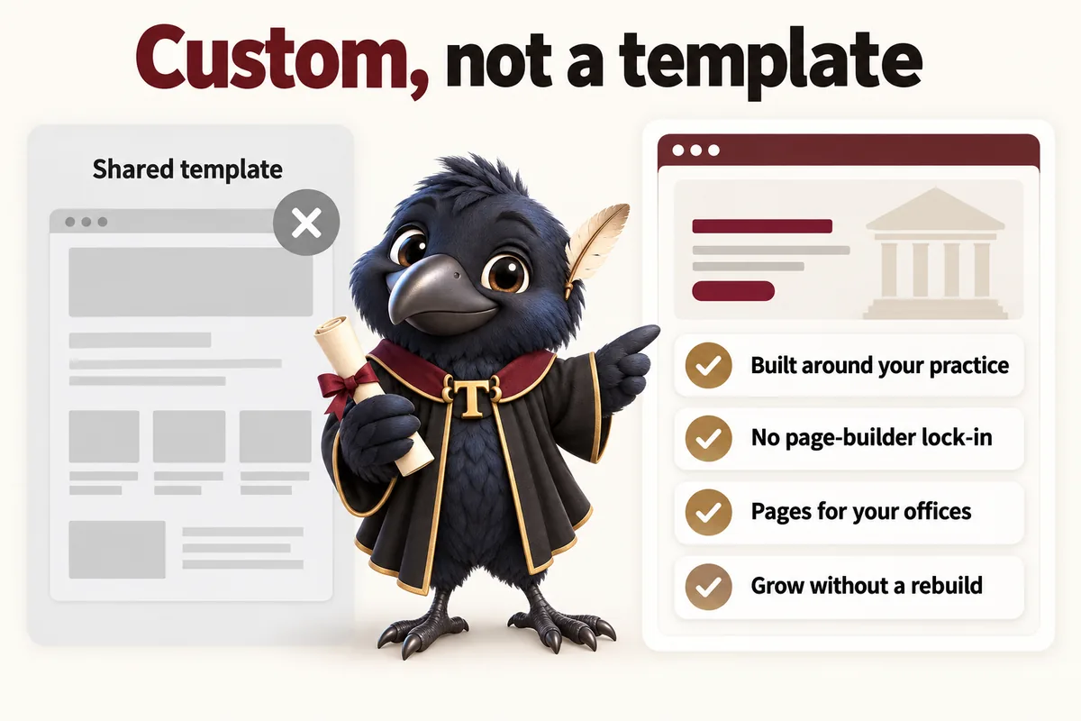 Infographic with Tavish the raven mascot: Custom, not a template. A shared template, crossed out, beside a custom site: built around your practice; no page-builder lock-in; pages for your offices; grow without a rebuild.