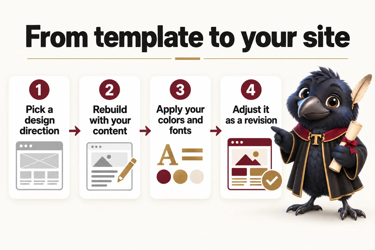 Infographic with Tavish the raven mascot: From template to your site. Pick a design direction; Rebuild with your content; Apply your colors and fonts; Adjust it as a revision.