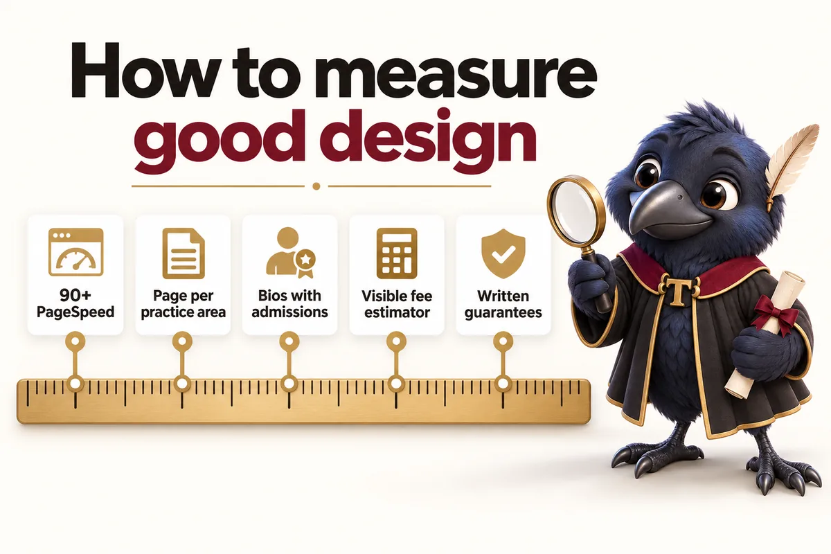 Infographic with Tavish the raven mascot: How to measure good design. 90+ PageSpeed; Page per practice area; Bios with admissions; Visible fee estimator; Written guarantees.