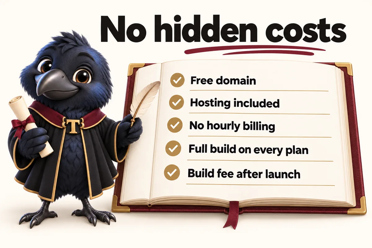 Infographic with Tavish the raven mascot: No hidden costs. Free domain; Hosting included; No hourly billing; Full build on every plan; Build fee after launch.