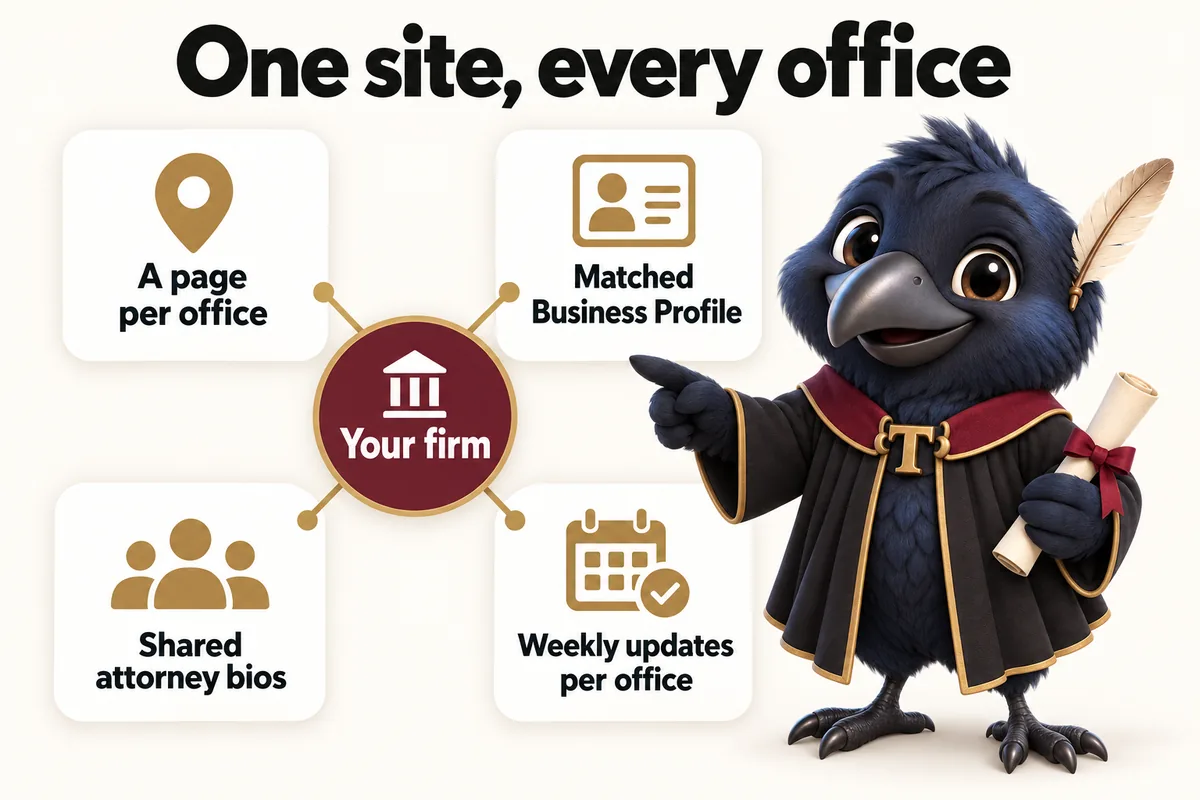Infographic with Tavish the raven mascot: One site, every office. Your firm at the center, linked to: a page per office; matched Business Profile; shared attorney bios; weekly updates per office.