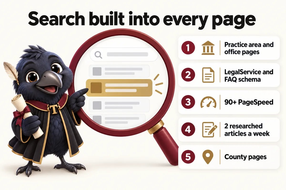Infographic with Tavish the raven mascot: Search built into every page. Practice area and office pages; LegalService and FAQ schema; 90+ PageSpeed; 2 researched articles a week; County pages.
