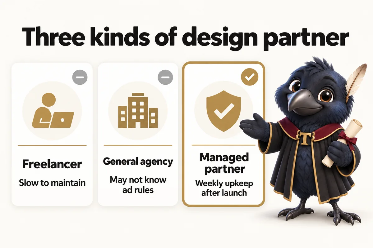 Infographic with Tavish the raven mascot: Three kinds of design partner. Freelancer: slow to maintain. General agency: may not know ad rules. Managed partner: weekly upkeep after launch.