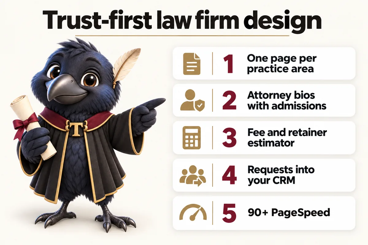 Infographic with Tavish the raven mascot: Trust-first law firm design. One page per practice area; Attorney bios with admissions; Fee and retainer estimator; Requests into your CRM; 90+ PageSpeed.
