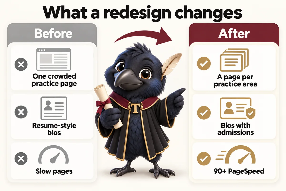 Infographic with Tavish the raven mascot: What a redesign changes. Before: one crowded practice page, resume-style bios, slow pages. After: a page per practice area, bios with admissions, 90+ PageSpeed.