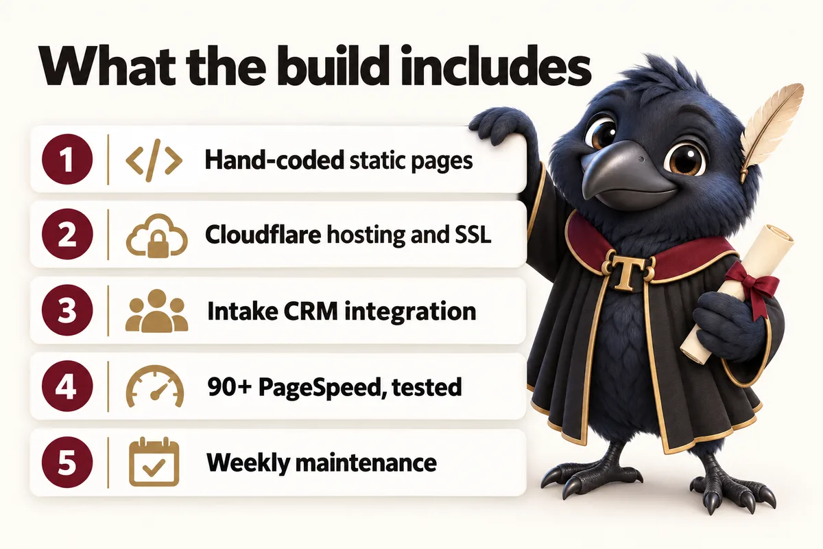 Infographic with Tavish the raven mascot: What the build includes. Hand-coded static pages; Cloudflare hosting and SSL; Intake CRM integration; 90+ PageSpeed, tested; Weekly maintenance.