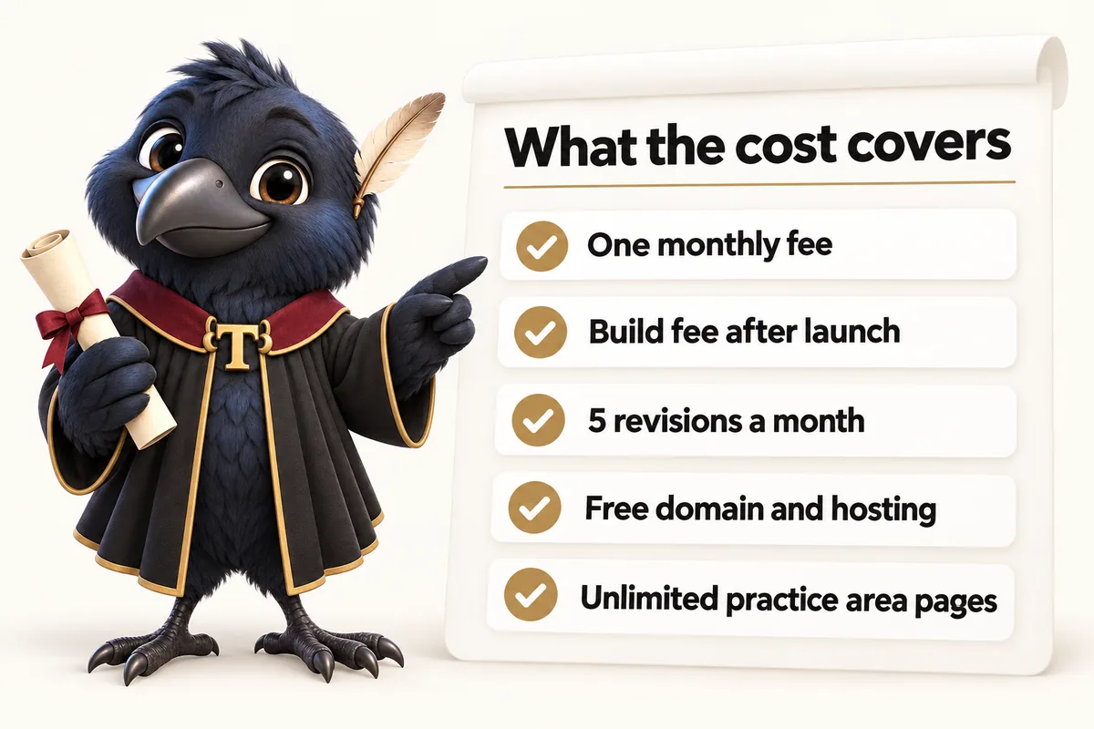 Infographic with Tavish the raven mascot: What the cost covers. One monthly fee; Build fee after launch; 5 revisions a month; Free domain and hosting; Unlimited practice area pages.