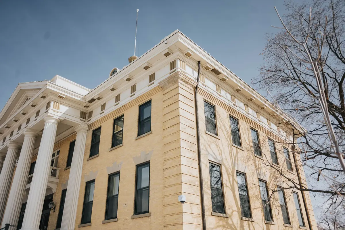 The columned front of the historic Box Elder County Courthouse in Brigham City, Utah