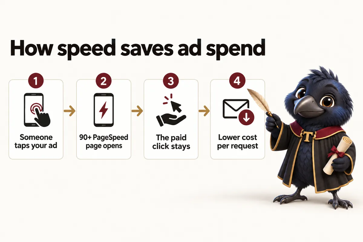 Infographic with Tavish the raven mascot: How speed saves ad spend. 1 Someone taps your ad; 2 90+ PageSpeed page opens; 3 The paid click stays; 4 Lower cost per request.