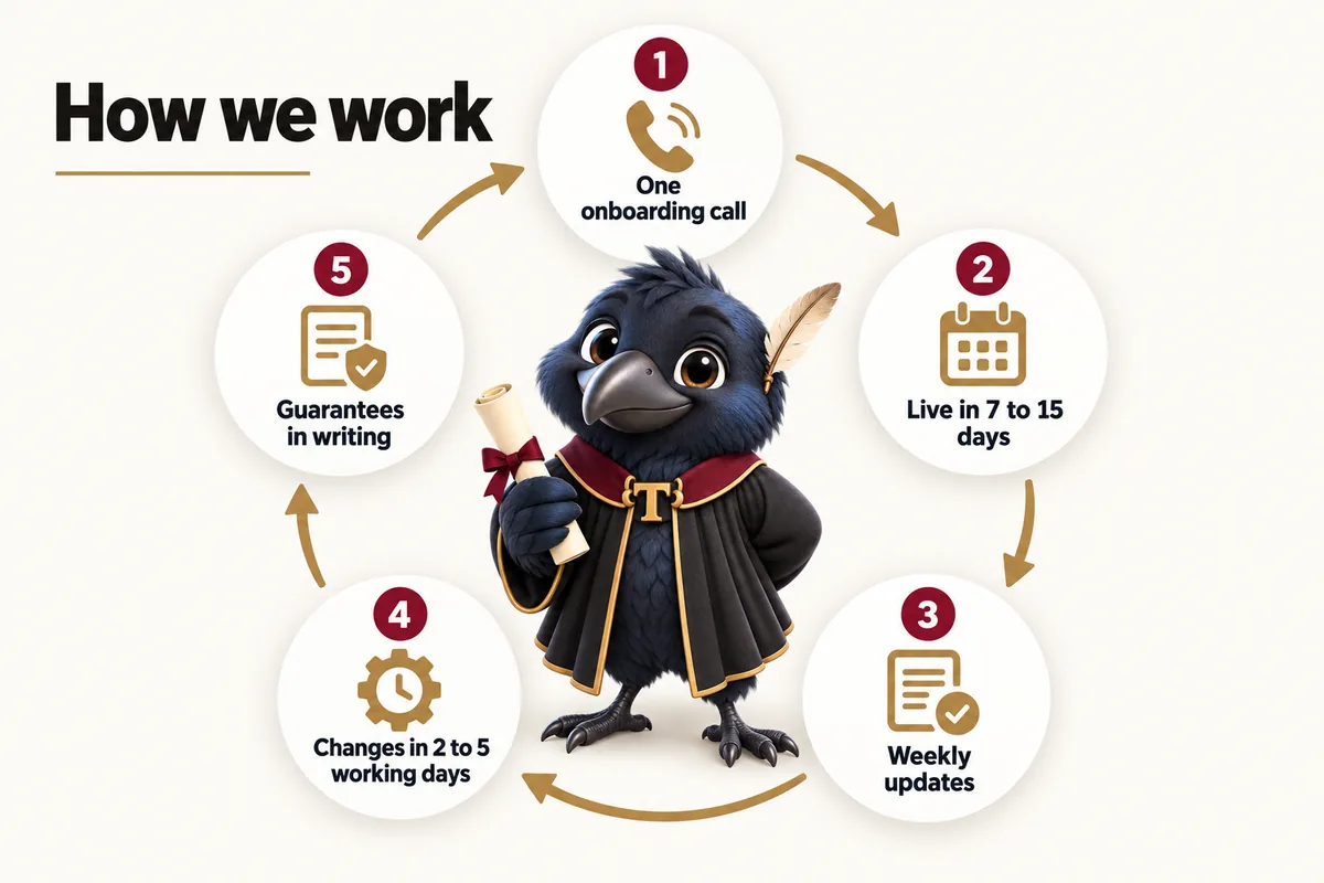 Infographic with Tavish the raven mascot: How we work. One onboarding call; Live in 7 to 15 days; Weekly updates; Changes in 2 to 5 working days; Guarantees in writing.