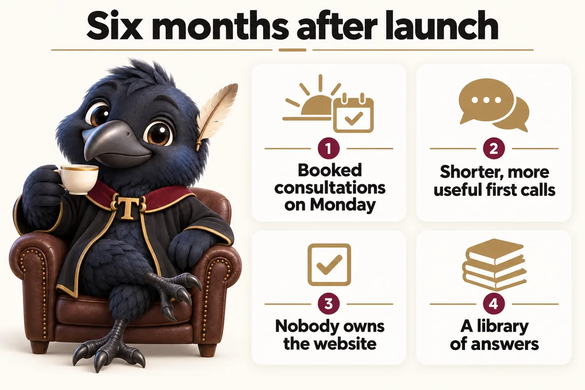 Infographic with Tavish the raven mascot: Six months after launch. Booked consultations on Monday; Shorter, more useful first calls; Nobody owns the website; A library of answers.