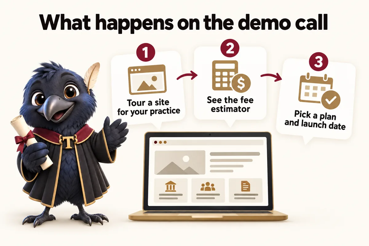Infographic with Tavish the raven mascot: What happens on the demo call. Tour a site for your practice; See the fee estimator; Pick a plan and launch date.