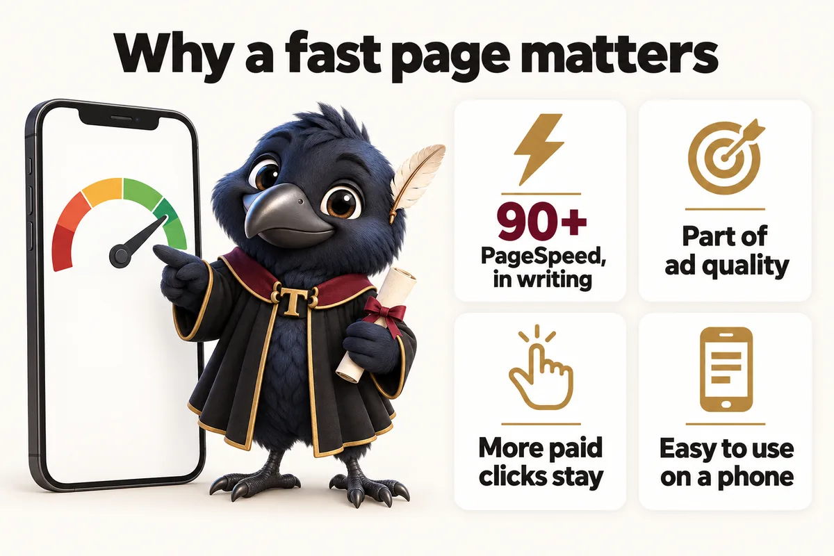 Infographic with Tavish the raven mascot: Why a fast page matters. 90+ PageSpeed, in writing; Part of ad quality; More paid clicks stay; Easy to use on a phone.