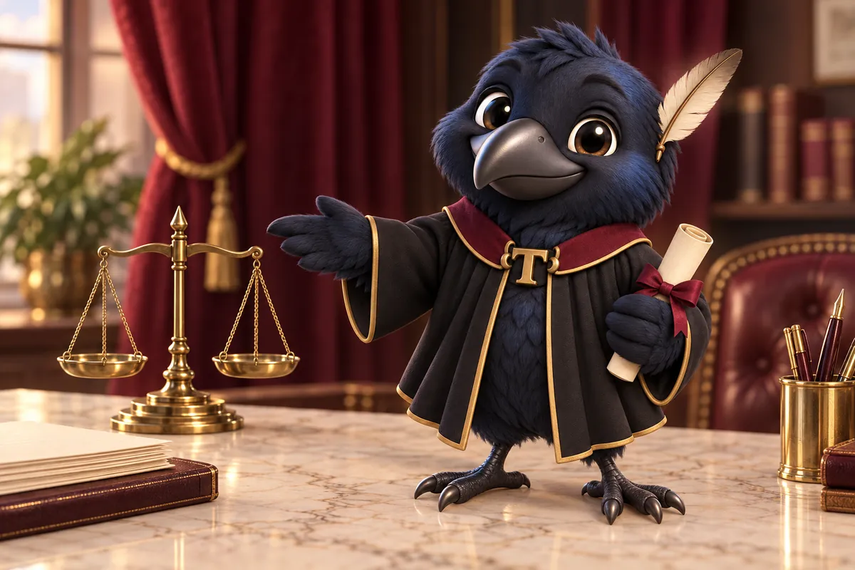 Tavish the raven mascot gesturing towards a brass balance scale on a marble desk