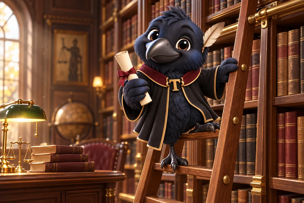 Tavish the raven mascot on a rolling ladder in a law library, holding a rolled scroll