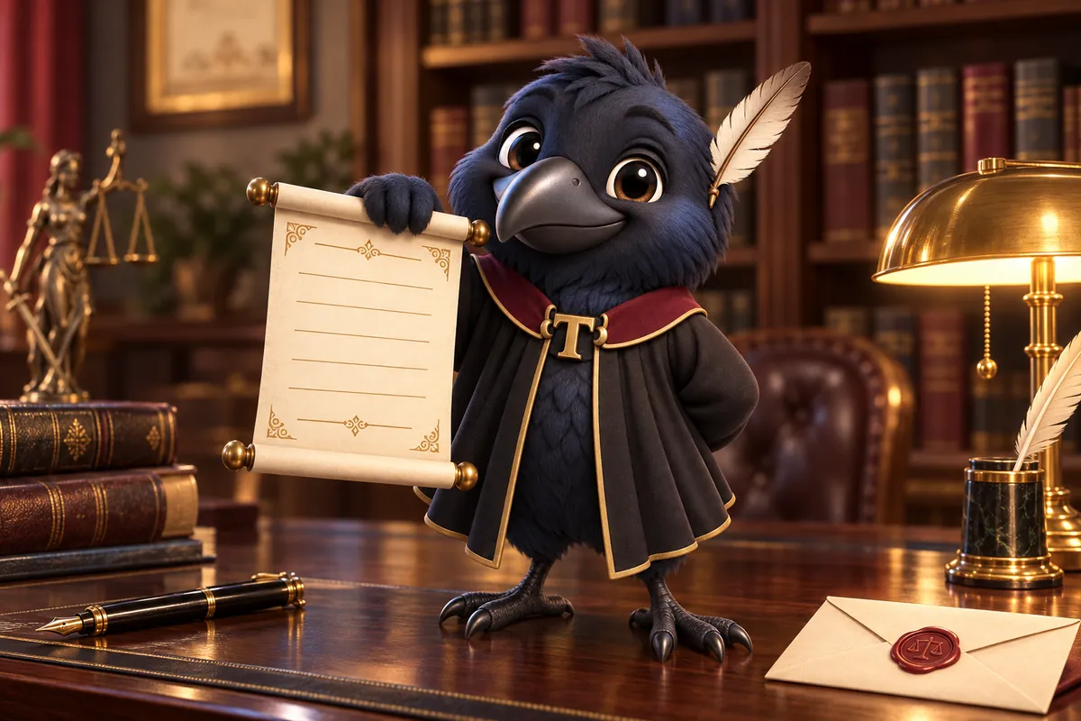 Tavish, the GetLawyerWebsite raven mascot in a barrister robe, presenting a blank scroll on a law office desk
