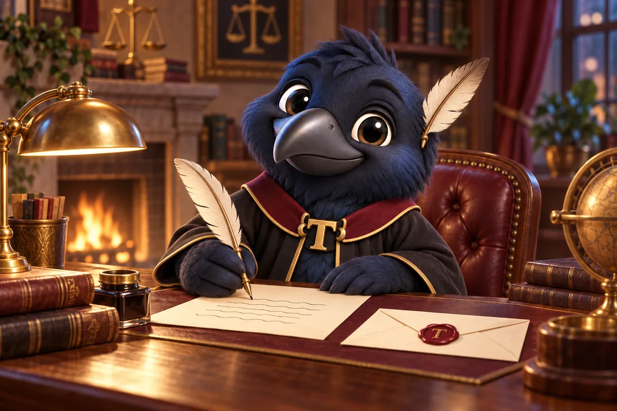 Tavish the raven mascot writing a letter with a quill beside a sealed envelope