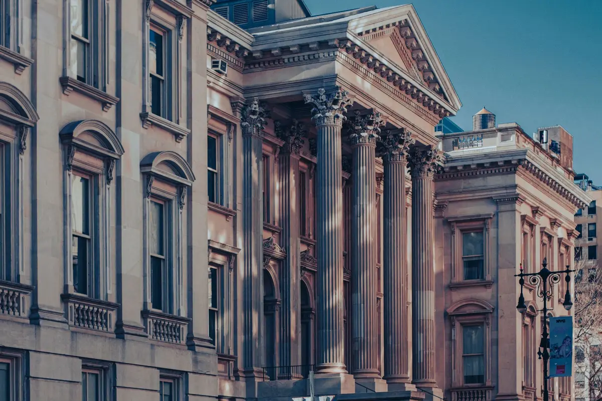 The neoclassical Tweed Courthouse in Manhattan, New York, at dusk